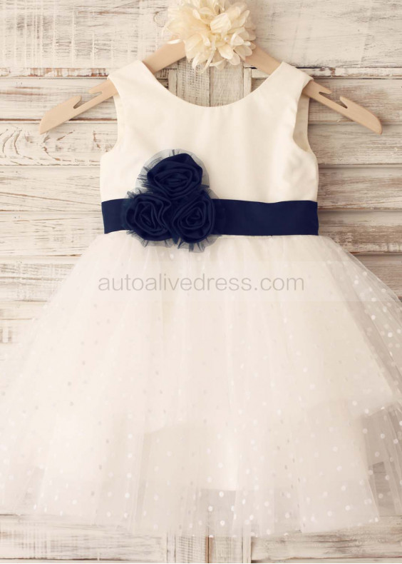 Cotton Polka Dots Tulle  with Navy Blue Flower Belt Flower Girl Dress